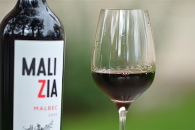 A bottle of wine labeled 'Malizia Malbec 2020' stands next to a filled wine glass. The glass contains a dark red wine, and the background is softly blurred, highlighting the wine bottle and glass.