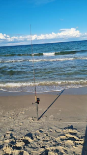 A vintage-style fishing rod leaning against a palm tree on a sandy beach at sunrise.