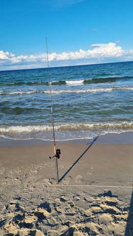 A fishing rod is planted upright in the sandy shore near the waterline of a beach. The waves of the ocean are gently rolling in under a clear blue sky with some clouds in the distance.