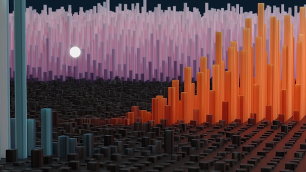 An abstract 3D landscape with vertical bars in varying heights and colors, including shades of orange, pink, and blue. A round light source appears in the background against a dark sky, casting subtle shadows across the scene.