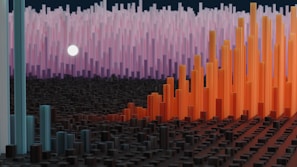 Abstract 3D blockchain nodes glowing softly overlaid on a green agricultural landscape.