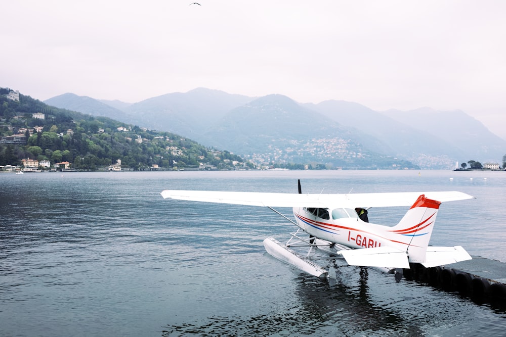 水域の上に座っている小さな飛行機