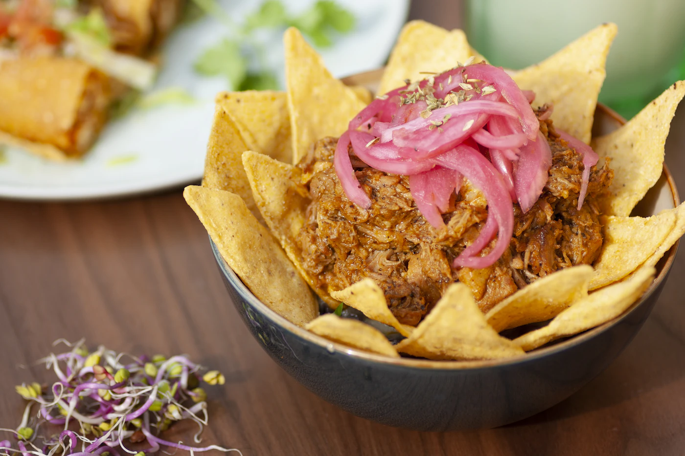 Slow-roasted shredded pork topped with pickled red onions on tortilla chips