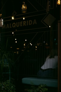 A dimly lit indoor scene features a partially visible person sitting near a window. The word 'MALQUERIDA' is prominently displayed on a sign. Several decorative lanterns hang from above, casting warm glows, while potted plants add greenery in the foreground.