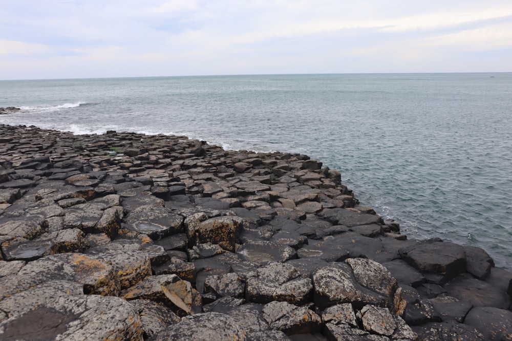 a large body of water sitting next to a rocky shore