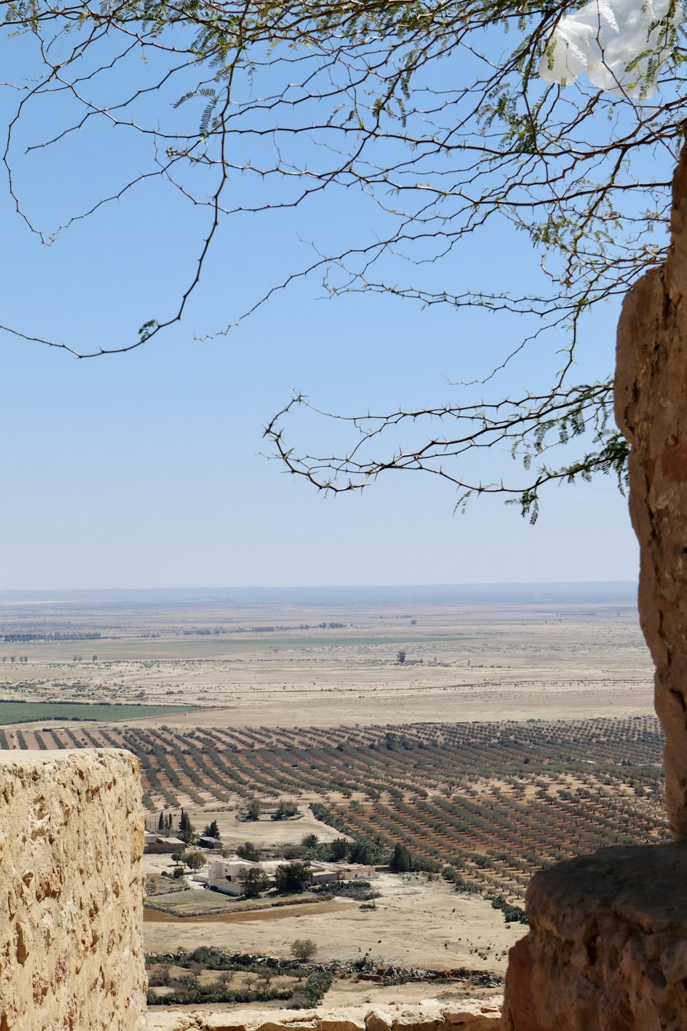 a view of a desert from a stone wall