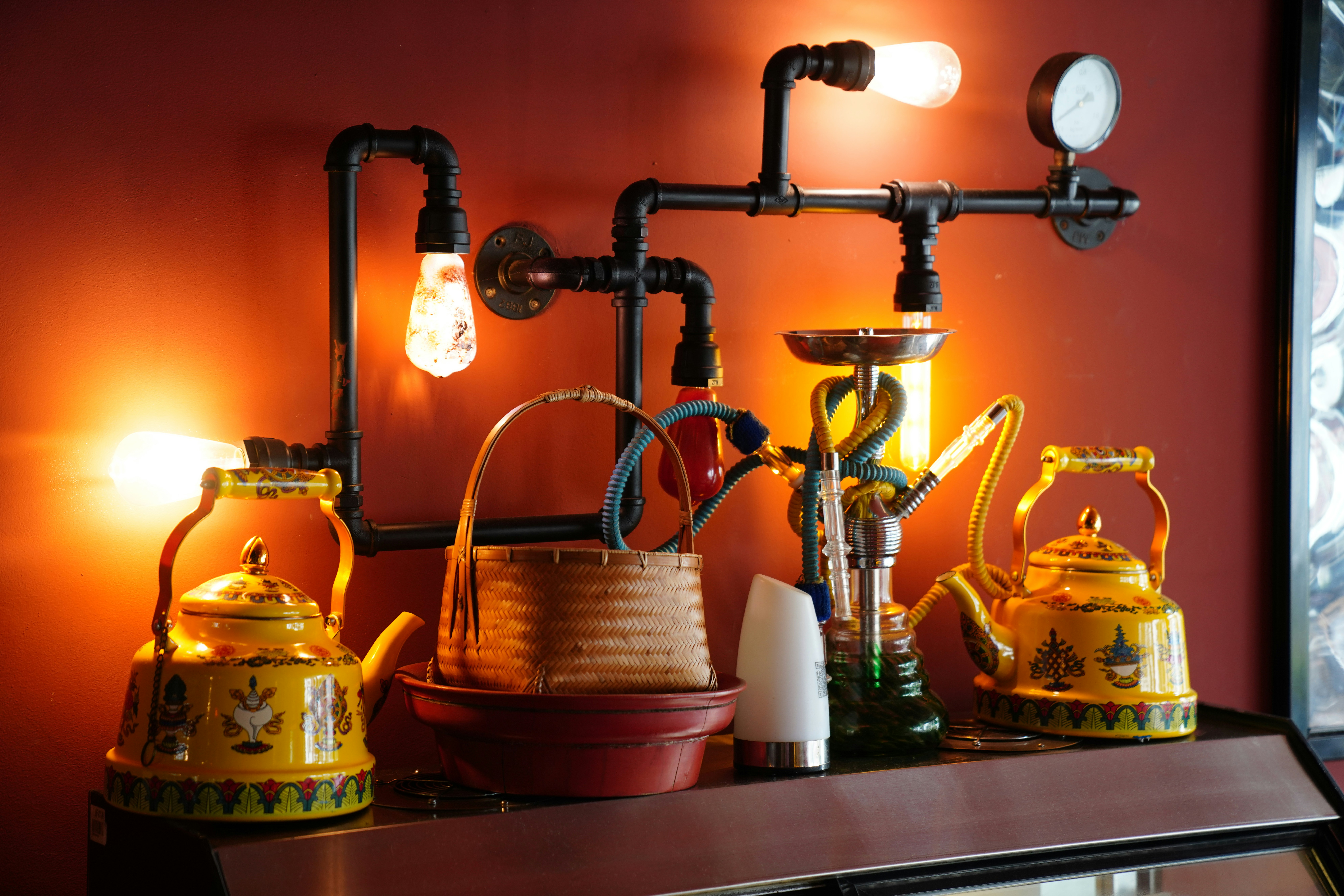 a couple of lights that are on a shelf