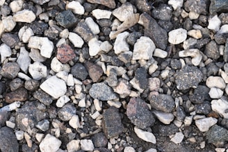 A collection of variously sized stones and pebbles, predominantly gray, white, and brown in color, spread closely together.