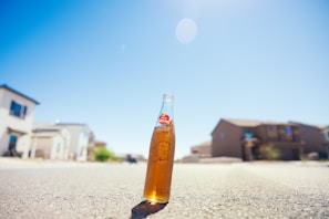 A glass bottle filled with an orange liquid stands upright on a street, with residential houses visible in the blurred background on a sunny day. The sky is clear and blue.