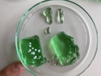A close-up of a petri dish with colorful liquid experiments.