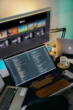 A modern workspace with multiple devices streaming live TV and movies simultaneously.