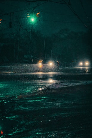 Nighttime scene from the game with glowing street lights and a car skidding on wet pavement.