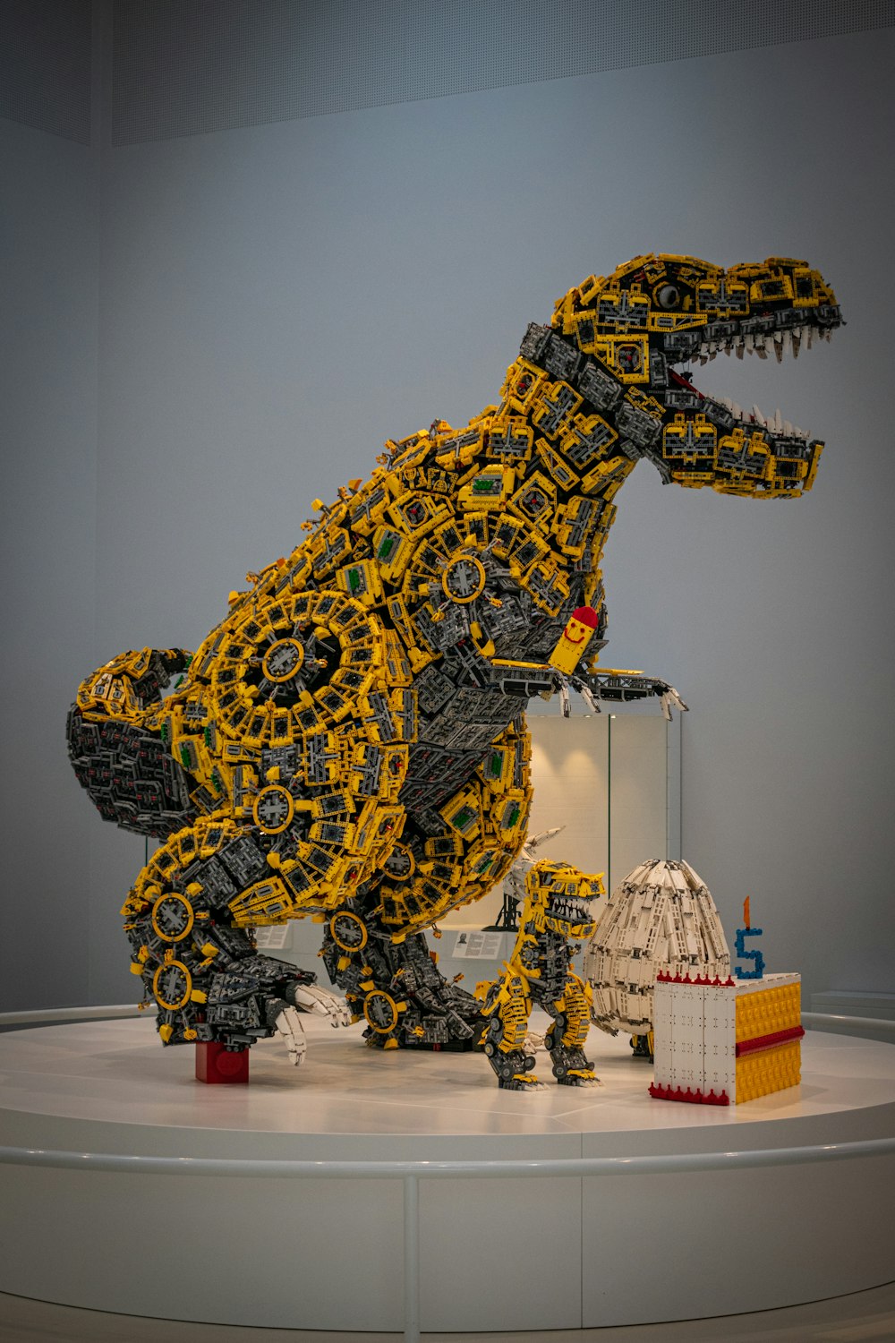 a lego model of a dinosaur on display