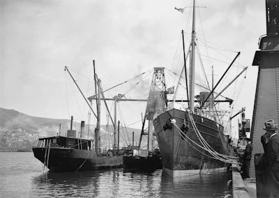 A vintage black-and-white photo of a bustling Southern Maryland waterfront from the early 1900s.