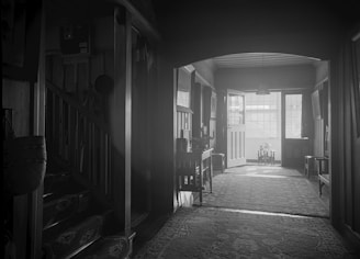 A black and white interior hallway of a vintage home. The area is illuminated by natural light coming through an open door, casting soft shadows. Carpeted stairs are on the left, leading upwards. Multiple wooden chairs and small tables are positioned along the walls. A hanging lamp provides overhead lighting, and there are decorative plants near the entrance.