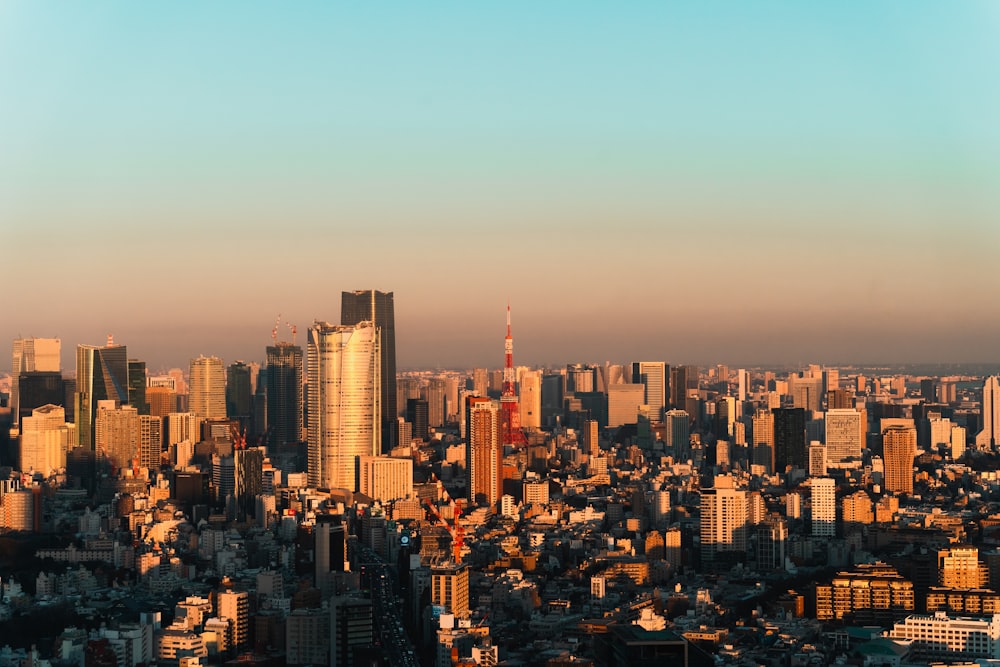 a view of a city with tall buildings