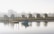 Several small wooden cabins are situated along a tranquil riverside, with a dock extending into the water. A small boat carrying a few people is approaching the dock. The air appears misty, creating a serene and calm atmosphere with soft light filtering through.