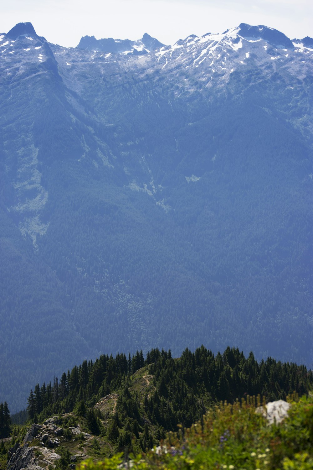 a view of a mountain range with trees and mountains in the background