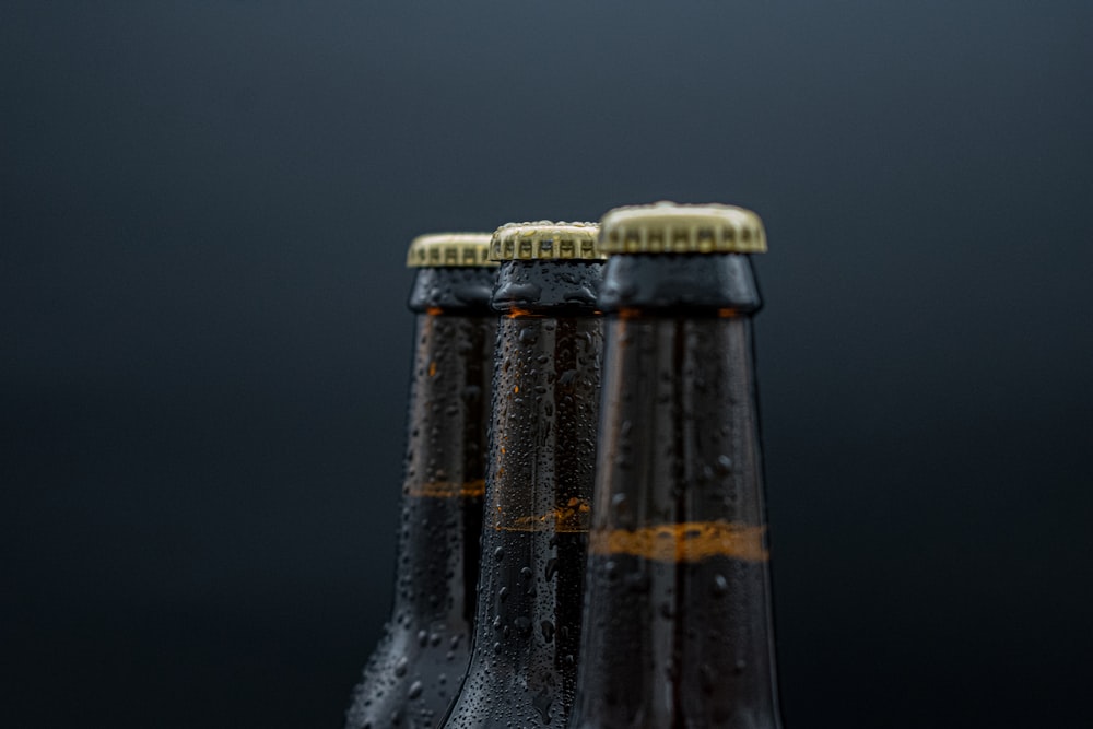 a close up of three bottles of beer