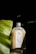 A bottle filled with a light brown liquid is placed between two large green leaves. The bottle has a white and red label with illustrations and the text 'Milk Cafe' and 'bean there'. The background is dark, creating a contrast with the bottle and leaves in the foreground.