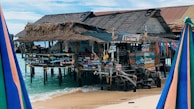 A rustic beachfront bar stands on stilts over clear turquoise water. The structure features thatched roofs and wooden planks adorned with a variety of colorful signs in different languages. The sandy beach and blue sky create a tropical atmosphere, while colorful umbrellas are visible in the foreground.