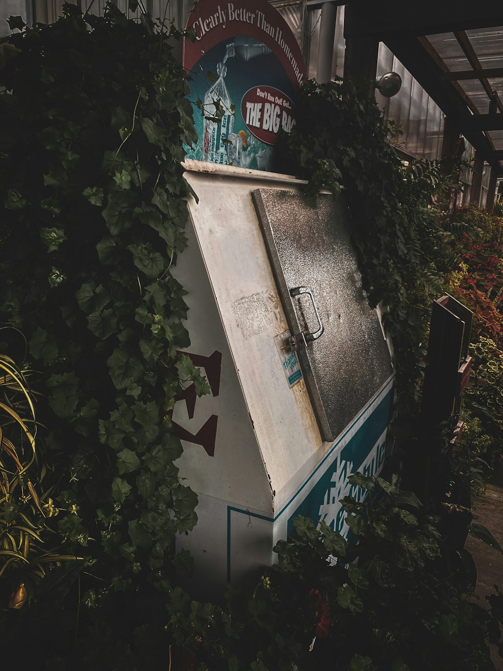 a refrigerator covered in vines in a greenhouse