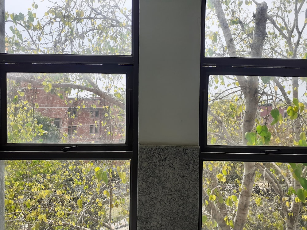 a view of a building through a window