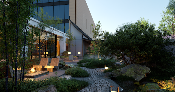 Преобразена градина с каменна тераса, дървета, цветни лехи и модерни мебели в дом на клиент Пловдив