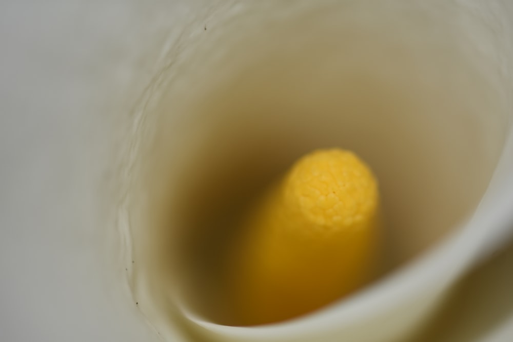 a close up of a yellow object in a white cup