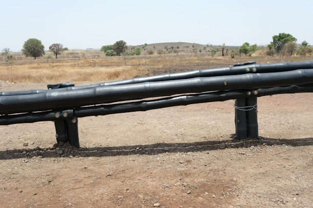 A dry landscape with brown grass and a few scattered trees is in the background. In the foreground, there are large black pipes elevated on supports, stretching horizontally across the image.