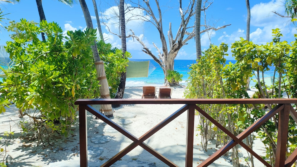 uma vista de uma praia através de um portão