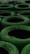 A collection of stacked green tires arranged in a pattern, each with visible worn treads and weathered texture. The arrangement gives a repetitive yet organized appearance, suitable for an outdoor setting or a racing track barrier.