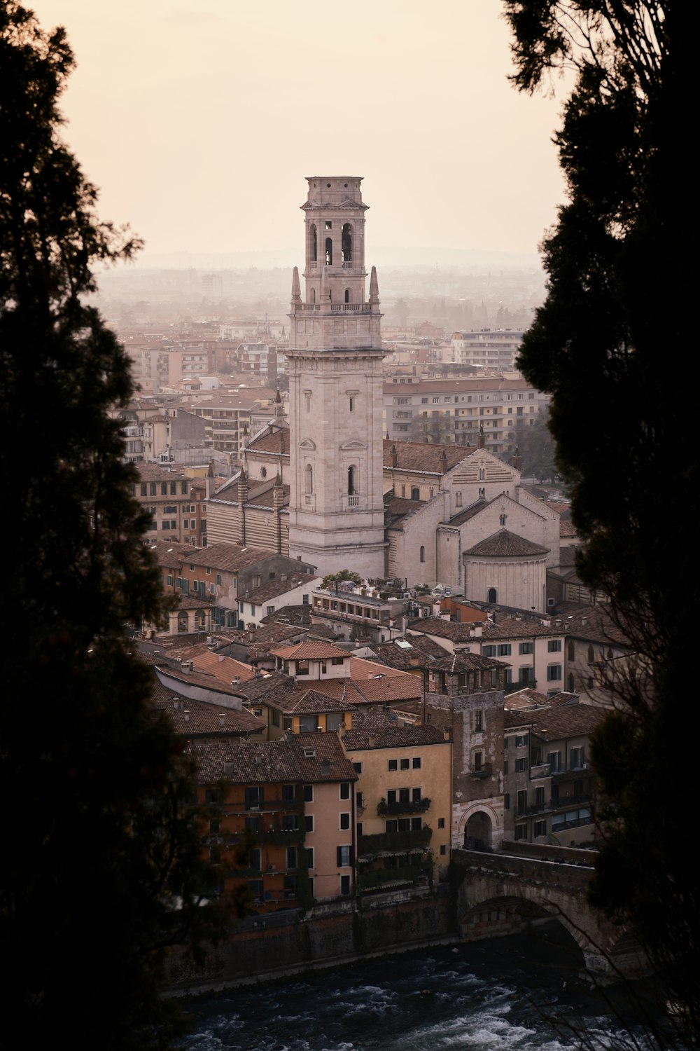 a view of a city with a clock tower