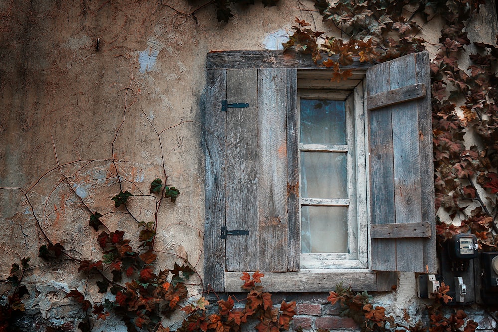 an old window with shutters and ivy growing up the side of a building