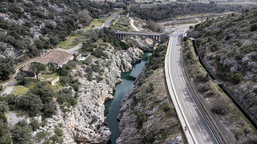 an aerial view of a bridge over a river