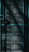 An ornate iron gate featuring intricate floral and geometric patterns. The design is symmetrical, with circular and diamond-shaped elements. The light casts shadows that enhance the depth and complexity of the patterns.