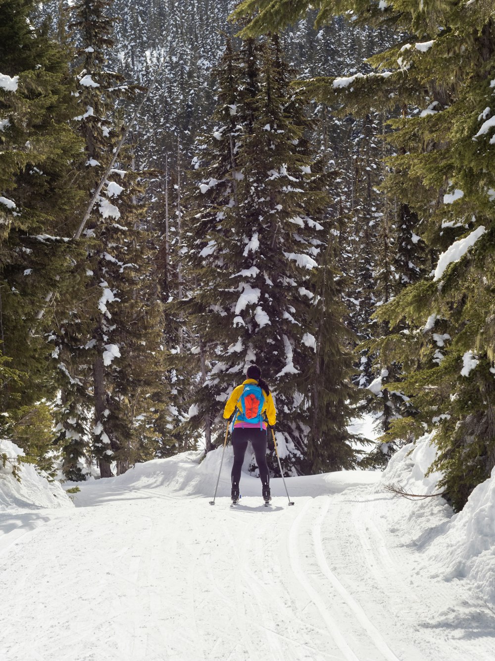 a person riding skis down a snow covered slope