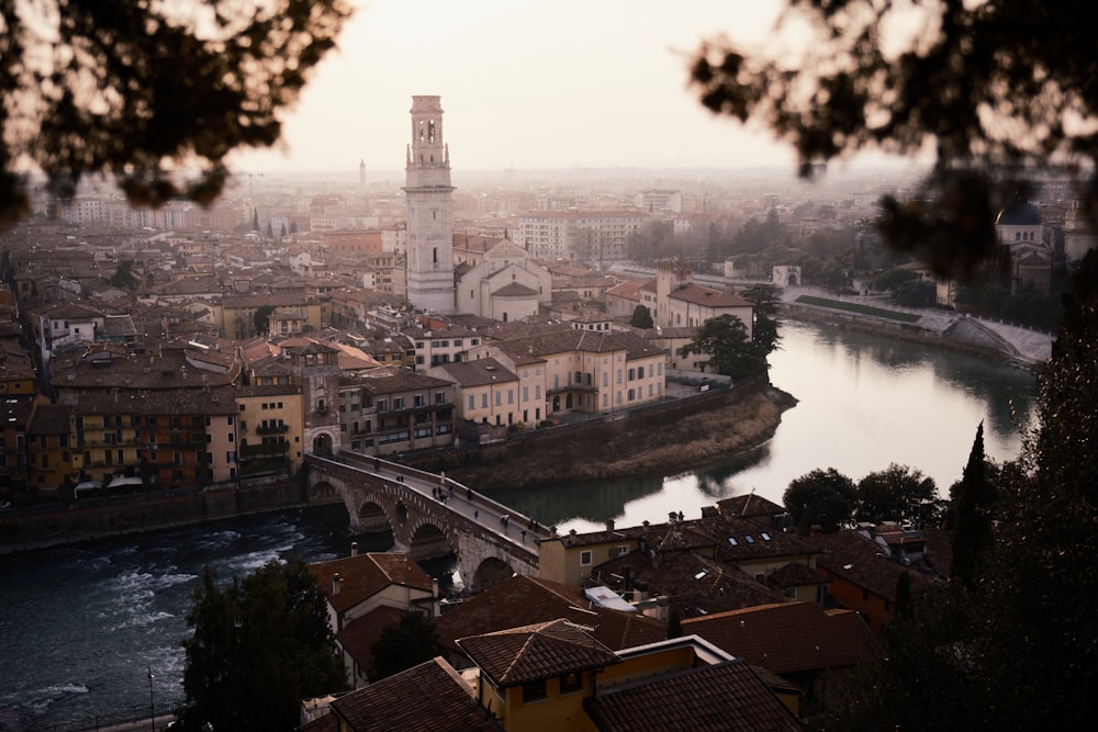 a river running through a city next to a bridge