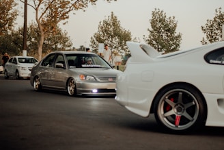 A group of modified cars, including a silver Honda Civic and a white sports car with a prominent rear spoiler, parked on a street. The scene includes people standing nearby under trees with sparse leaves, suggesting an autumn setting. The lighting is warm and subdued, giving a laid-back feel.