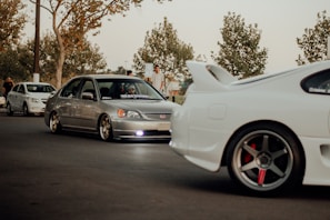 A group of modified cars, including a silver Honda Civic and a white sports car with a prominent rear spoiler, parked on a street. The scene includes people standing nearby under trees with sparse leaves, suggesting an autumn setting. The lighting is warm and subdued, giving a laid-back feel.