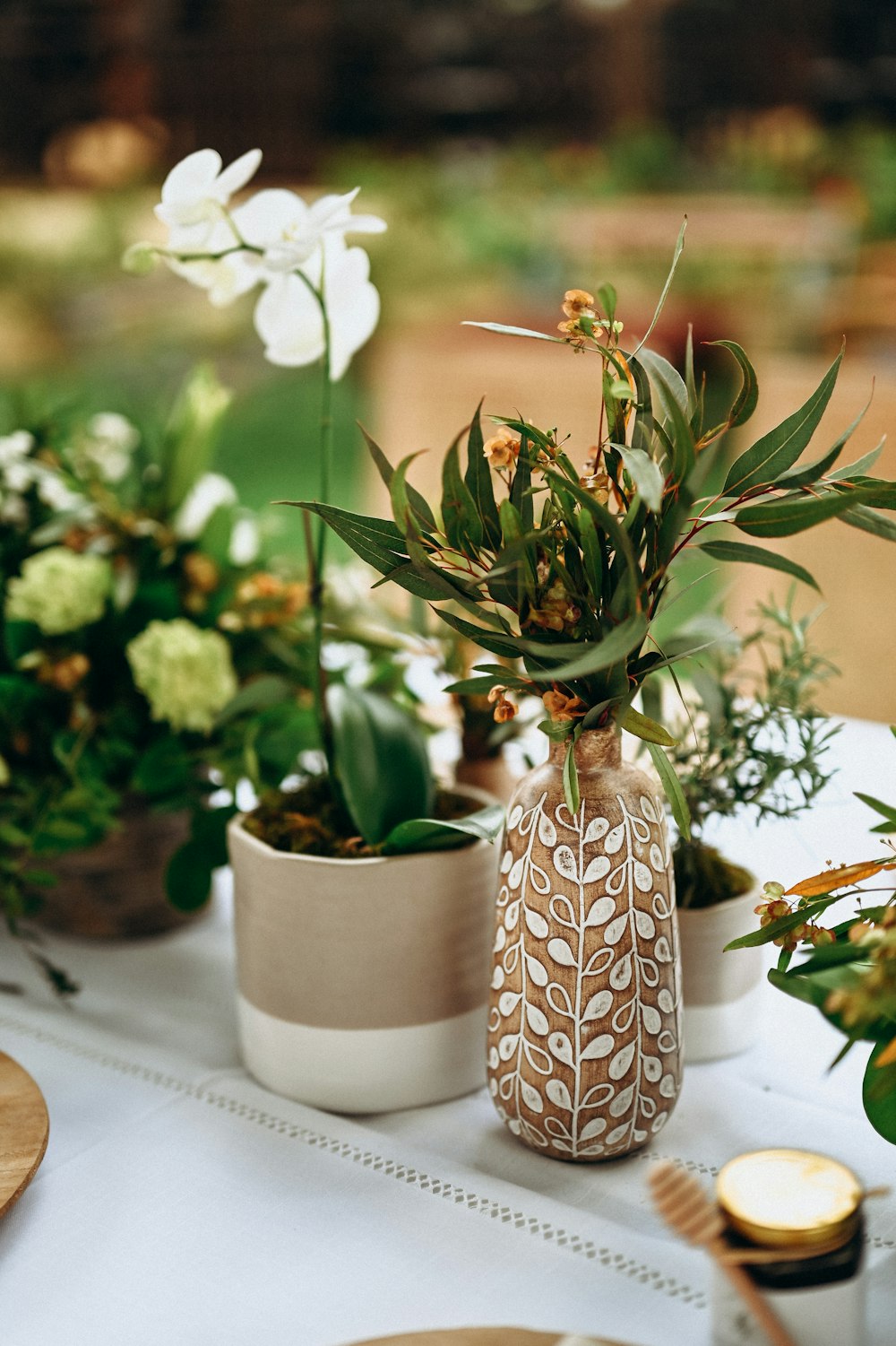 a table topped with vases filled with plants