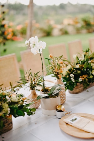 A beautifully set outdoor table with a white tablecloth, featuring elegant floral arrangements in decorative pots and vases. The centerpiece is a potted orchid plant surrounded by greenery and small yellow flowers. A wooden plate with a folded napkin and a small decorative jar is placed on the table. In the background, there is a garden with lush greenery, softly out of focus.