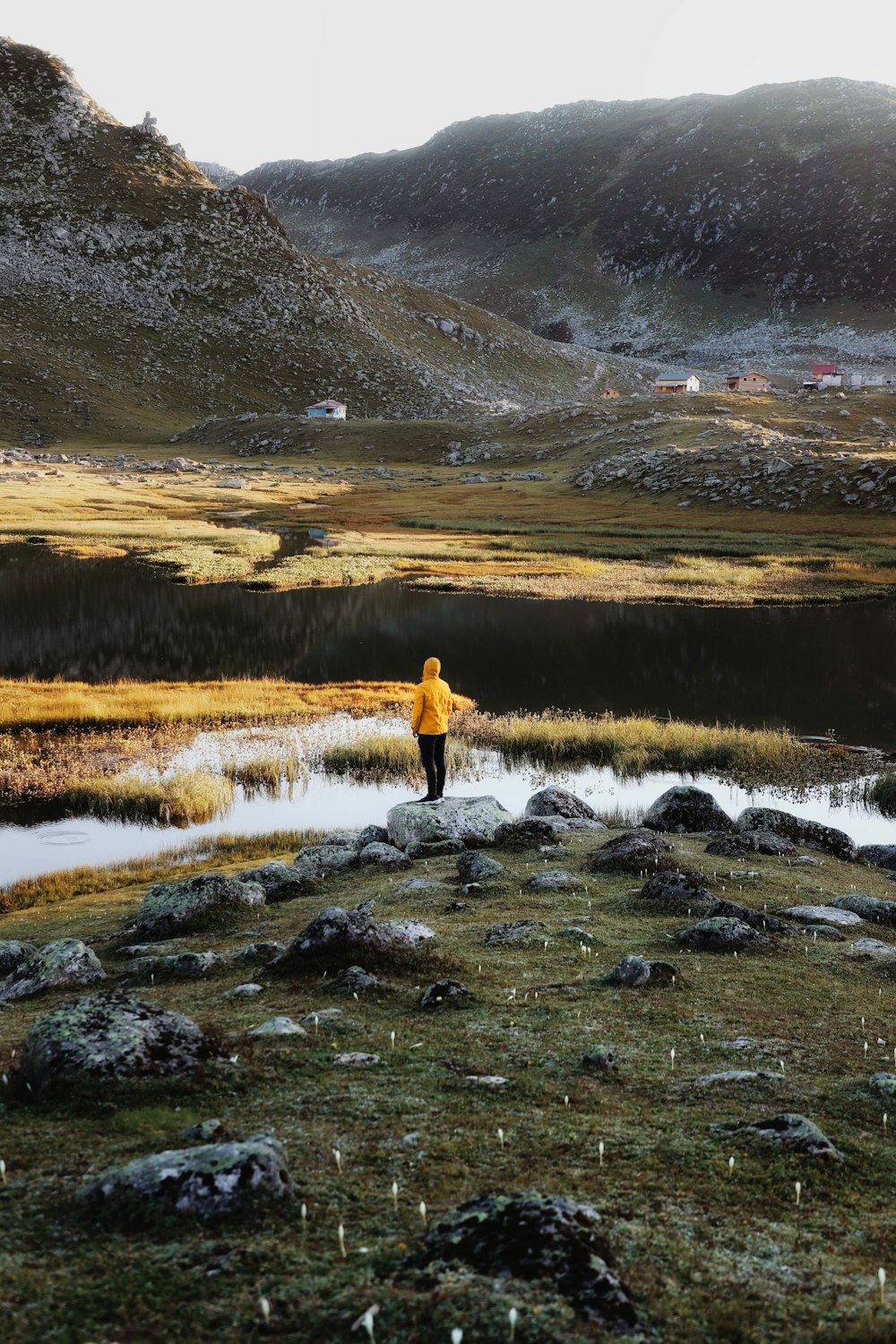 a person standing on top of a grass covered hill