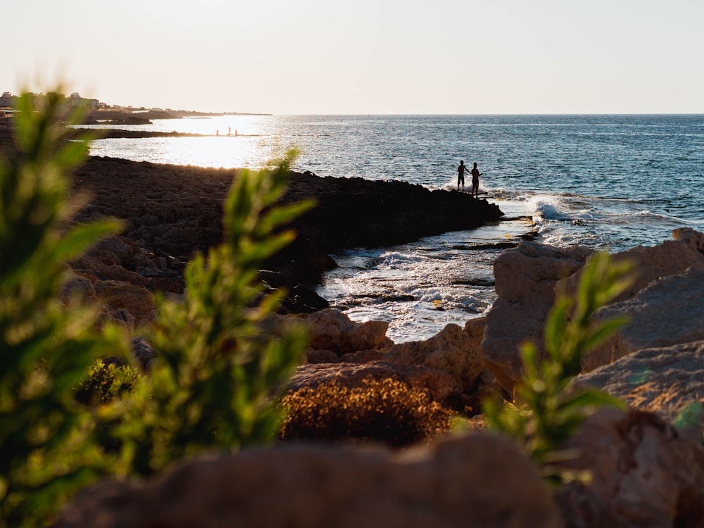 a couple of people standing on top of a rocky beach