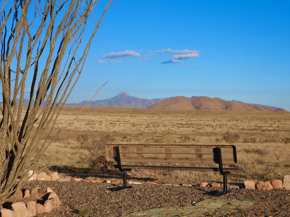 a wooden bench sitting in the middle of a field