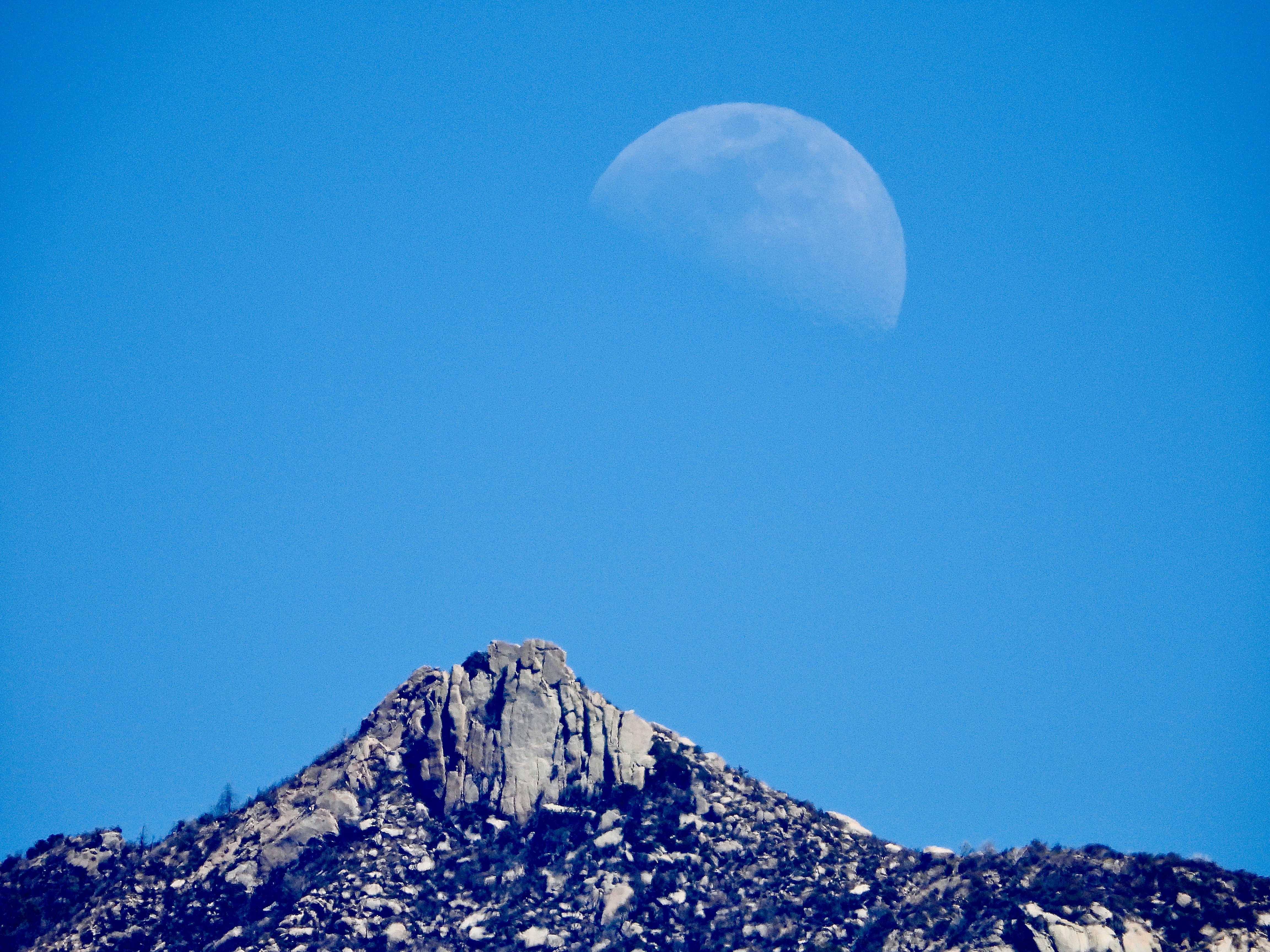 Una media luna se ve sobre una montaña