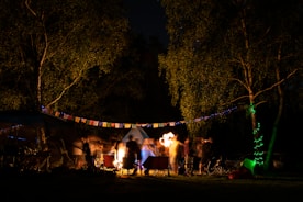 a group of people standing around a campfire