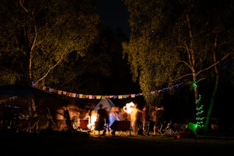 a group of people standing around a campfire