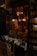 A cozy bookstore display with neatly arranged books and postcards. Warm lighting illuminates the interior, highlighting the vintage decor and a variety of reading materials. Shelves are filled with numerous books and photographs, exuding an inviting and intellectual atmosphere.