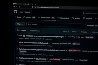 A screenshot of the GitHub pull requests page for the 'vercel/next.js' repository. The page displays a search box, filters, and four open pull requests with details such as titles, authors, labels, and activity timestamps. The top of the page has navigation links including Code, Issues, Pull requests, Discussions, Actions, Projects, and more.
